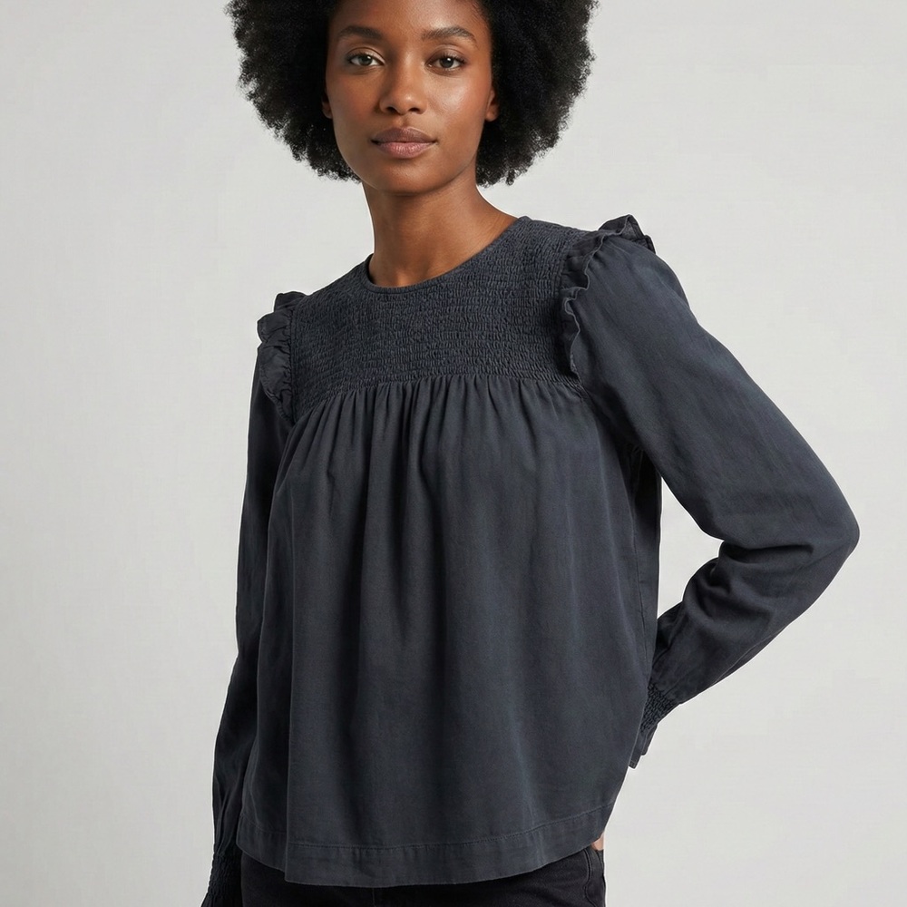 Madewell Cottagecore Smocked Ruffle Top in Washed Black 100% Cotton - Size M